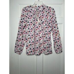 Boden Multi-Color Red/Pink/Blue Bird Print Long Slv White Blouse Women’s 4